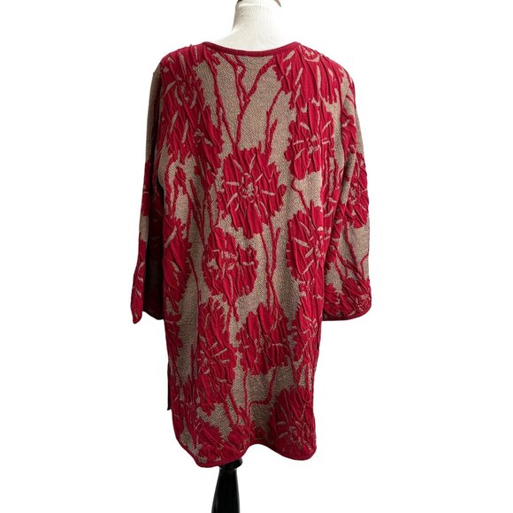 Chicos Travelers Exploded Red Beige Textured Jacquard Open Front Cardigan Size 3 - Picture 3 of 11